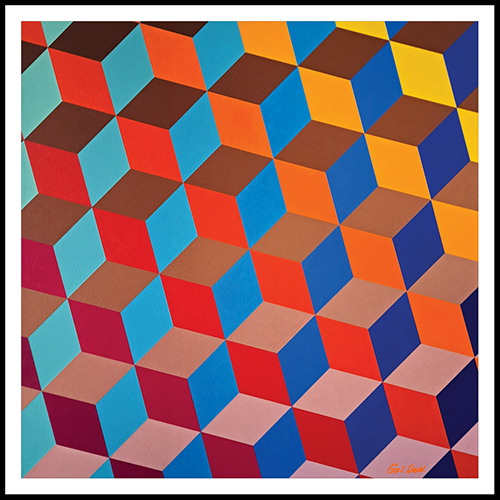 Tumbling Cubes. Abstract hard-edge painting by Denys Golden